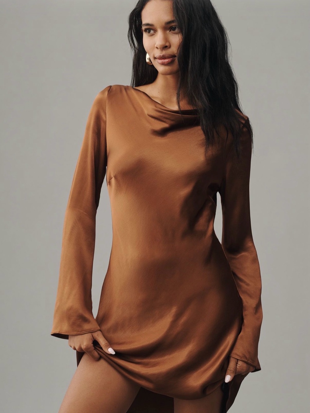 Anthropologie Long Sleeve Brown Cowl Neck Mini Dress Medium